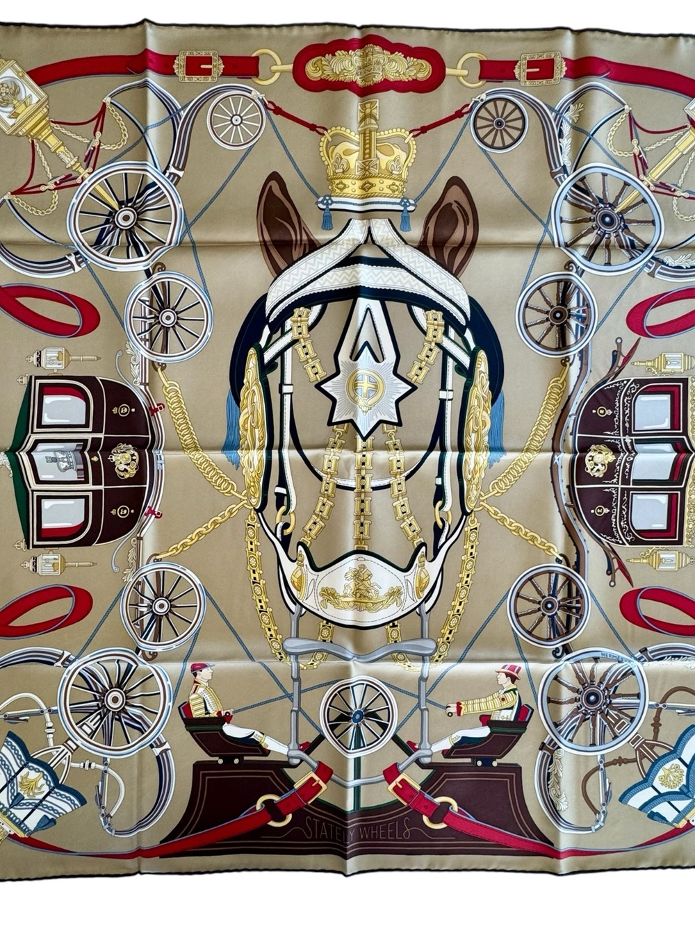 Hermes “Stately Wheels,” Silk Scarf in Beige, Red, Gold, Black